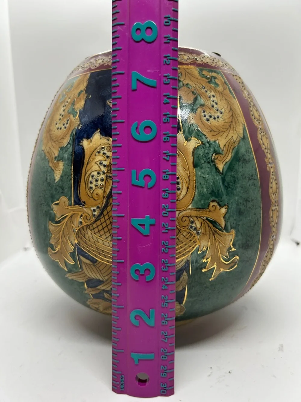 Vintage Decorative Floral Globe Vase in Green, Navy & Gold - Picture 9 of 11